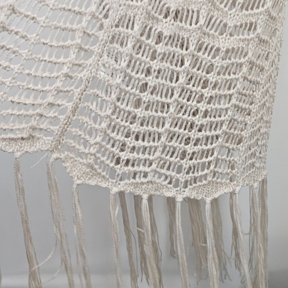 Boho Fringe Crochet Eyelet Lace Beige Longline Festival Hippy Fairy Cardigan XXL - Picture 9 of 10